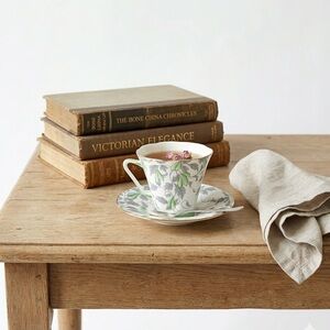 Vintage 1940s Grafton China "Ashley" Tea Cup & Saucer | Green & Grey Botanical